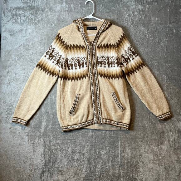 Alpaca Connection Little Llamas Hooded‎ Alpaca Wool Knitted Jacket Sz S Brown - Picture 1 of 6